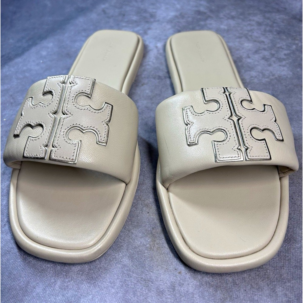 Tory Burch Double T Sport Slide Sandals Women's 12M Cream Silver Leather